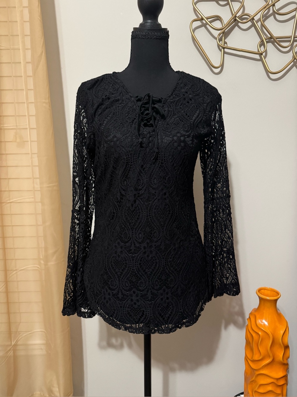 Lace-Up Black Crochet Long-Sleeve Blouse